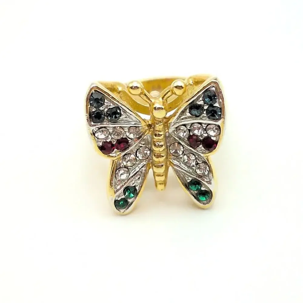 Vintage 3D Butterfly Ring 18 Karat Gold Electroplated w/ Rhinestones Size 6.25
